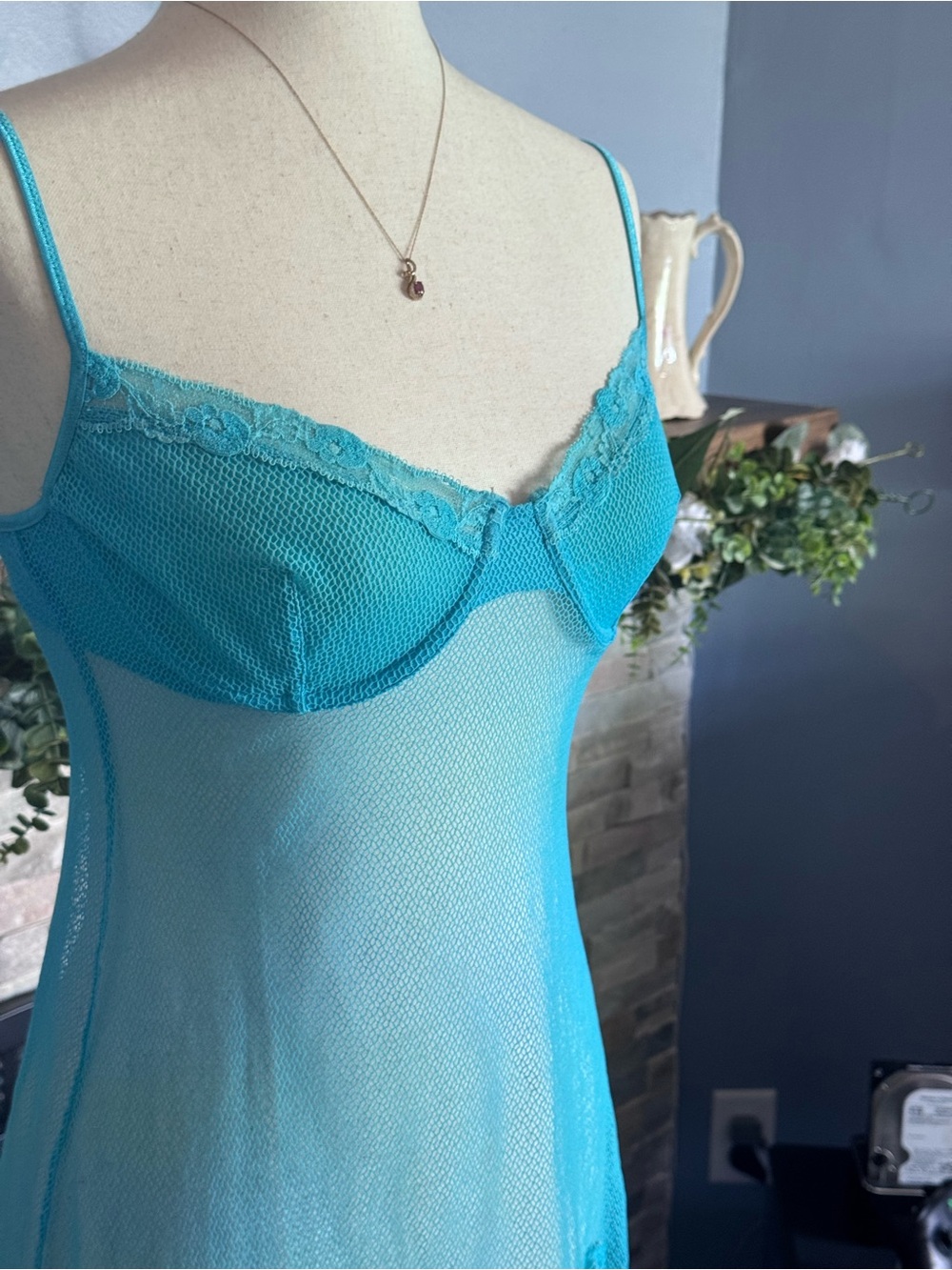 VTG Victoria’s Secret Aqua Blue Fishnet Underwire Babydoll Slip Dress 36C - Picture 2 of 11